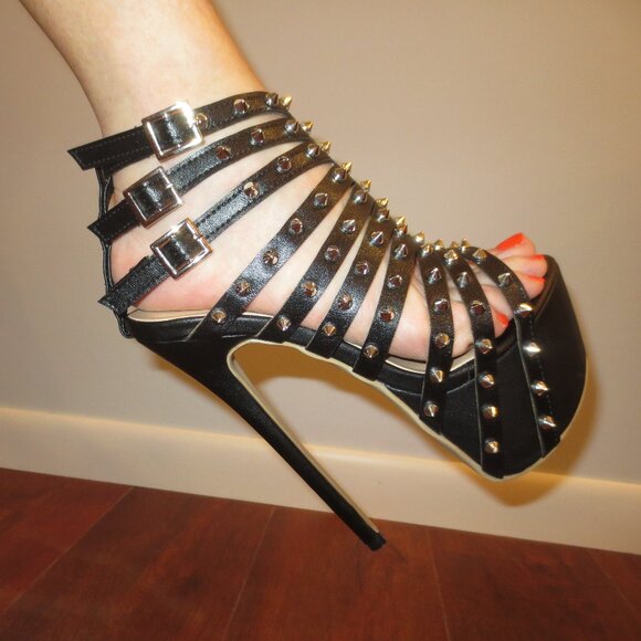 NNB Black Studded Multi Strap High Heel Platform Sandals - Picture 7 of 8